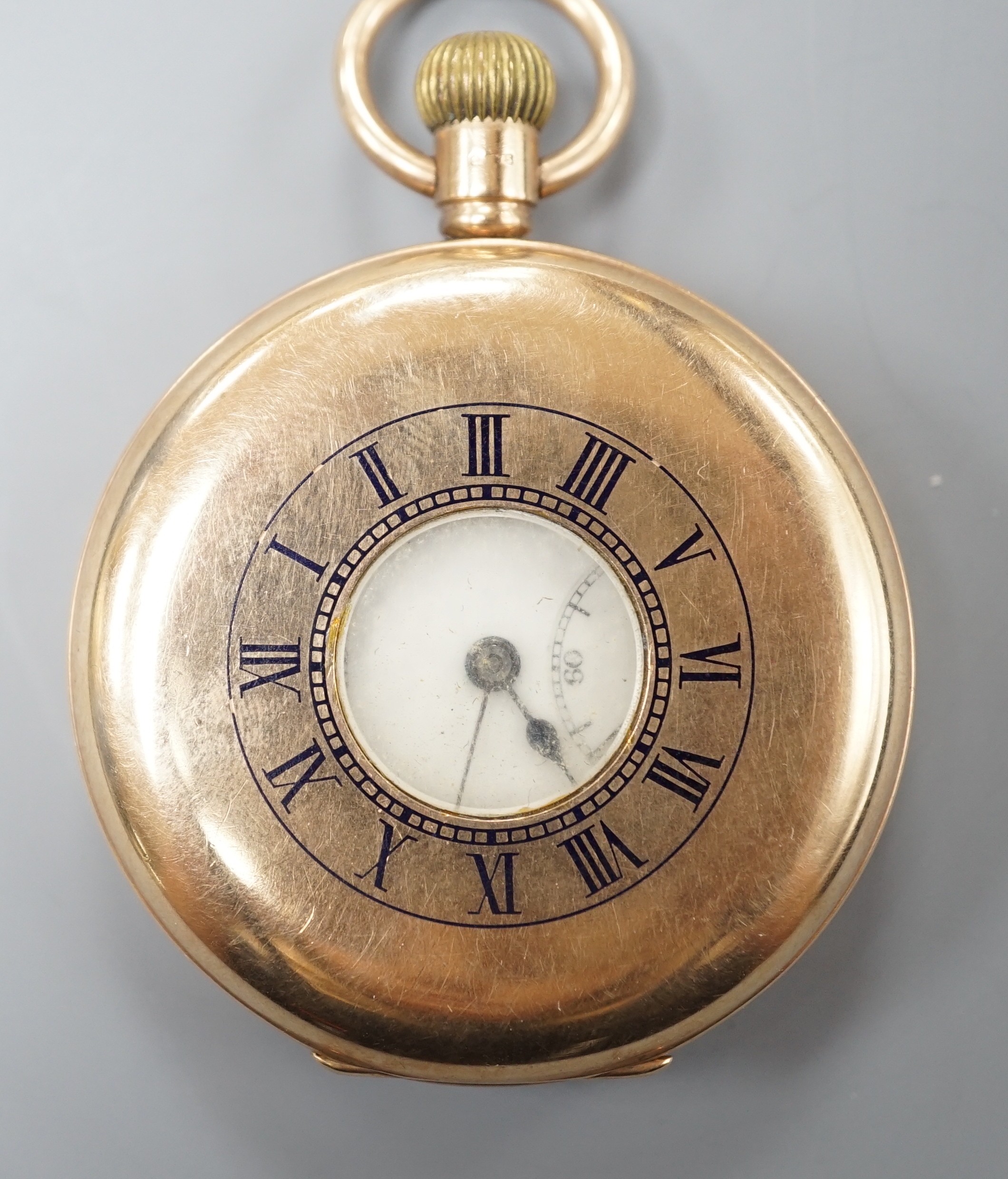 A George V J.W. Benson 9ct gold keyless lever half hunter pocket watch, with Roman dial and subsidiary seconds, case diameter 48mm